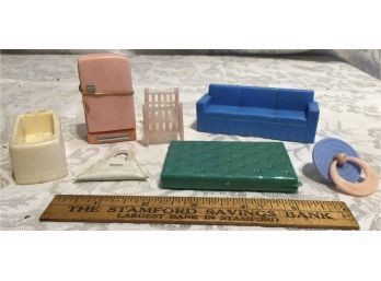 Vintage Doll House Accessories - Mattress, Couch, Refrigerator, Crib, Bathtub, Purse, And Pacifier