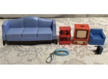 Vintage Doll House Accessories - Couch, TV, End Table, Telephone, And Stool - One Leg Broken