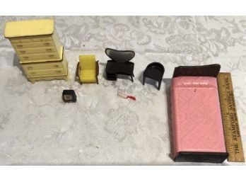 Vintage Doll House Accessories - Bed, Dresser, Hair Brush, Vanity And Chair, TV, And Chair