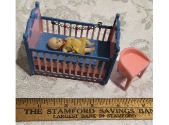 Vintage Doll House Accessories - Crib, Baby And Chair