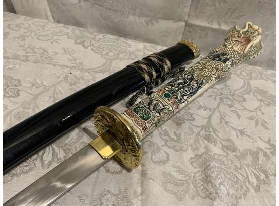 Kutani Samurai Sword And Sheath, With Dragon Handle
