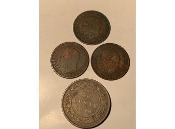 4 Antique French Coins, Circa 1900 50c Silver, 1853,1855,1866 Napoleon III