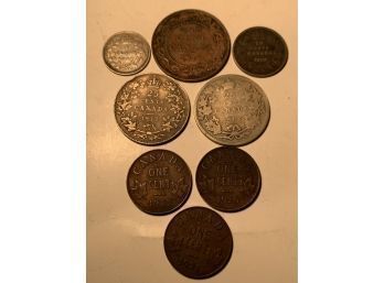8 Antique Canadian Coins, Some Silver, 1c, 5c, 19c, & 25c As Shown