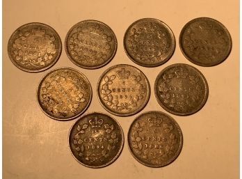 9 Antique Canadian Coins - 1881-1899 Silver Nickels, 5 Cent Pieces