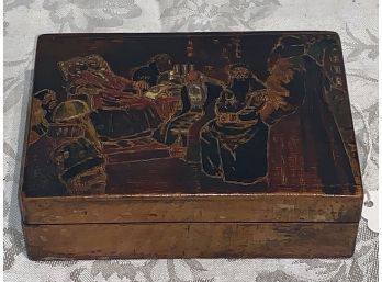 Early Antique Carved Wood Box, Jewish Scene On Cover. 5x3.4