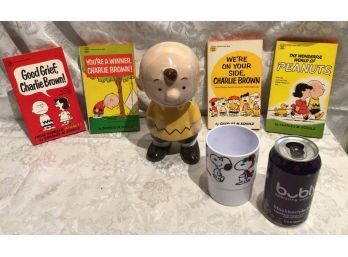 Charlie Brown Bank, Snoopy Cup And Four Charlie Brown Books