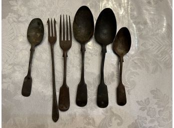 Early Hallmarked Flatware - 2 Large Spoons, 2 Small Spoons, 2 Forks, Amaranthine, Potter-Sheffield