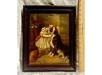 Antique Chromo Lithograph Girl Dressing A Dog With Hat, Circa 1880s