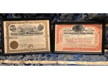Framed - Utah Consolidated Mining Company And Strong Copper Mining Company Shares - 1921 And 1905