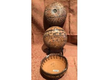 Three Beautiful Hand Woven Mexican Bowls - Hand Carved Gourd. Quite Nice!