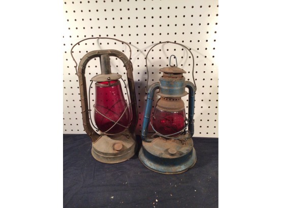 Two Vintage Dietz Kerosene Lanterns Good Condition, W/ Red Globes