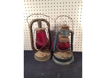 Two Vintage Dietz Kerosene Lanterns Good Condition, W/ Red Globes