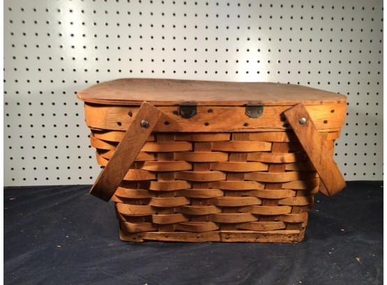 Vintage Picnic Basket With Wooden Top And Wood Handles, Excellent Condition