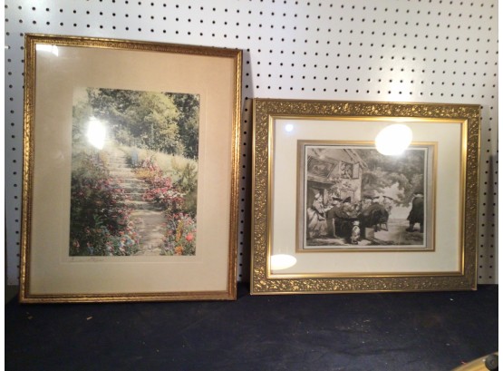 Great Condition Signed Illustrations Of Flowery Walkway And Small Feast In Frames