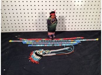 Small Lot Of Native American Souvenirs, Glass Beads And Vintage Skookum Doll