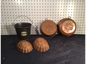 Lot Of 4 Copper Pudding Molds And Behrens Pail