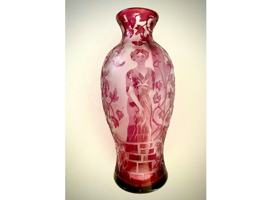 Rare Vintage 'Three Maidens' Large Cranberry Cameo Art Glass Vase Signed