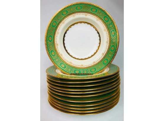 Set 12 Rare Vintage Minton For Tiffany & Co. Soup Bowls Gold And Green H Pattern