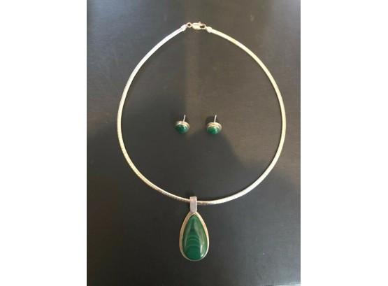 GORGEOUS SS 925 Malachite Necklace And Earring Set Made In Italy
