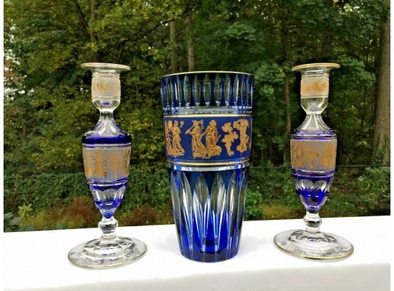Vintage 3-Piece Val St Lambert 'La Danse De Flore' Vase And Pair Candlesticks
