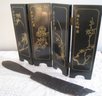 Miniature 4 Panel Jade Inlay Screen And Asian Implement
