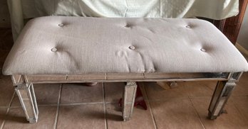 Mirrored Entryway Bench With Tufted Beige Cushion
