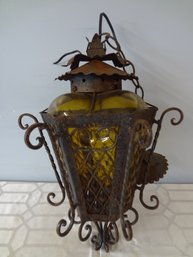 Vintage Wrought Iron And Amber Bubble Glass Light Fixture