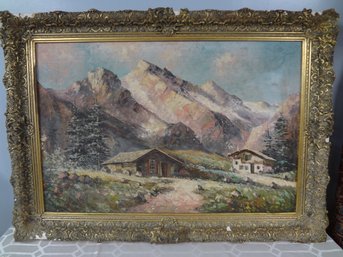 Beautiful Antique Mountainside Oil Painting