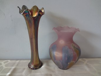 Fenton Swung Carnival Vase And Rueven Abstract Watercolor Vase