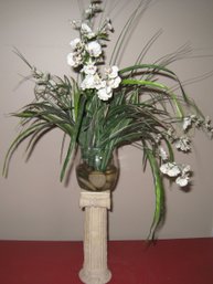 Column Pedestal & Silk Floral Arrangement In Glass Vase
