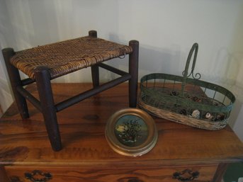 Little Antique Stool, Wire Basket And Picture