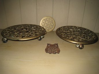 Matching Rolling Brass Trollies & Two Owl Trivets