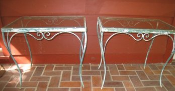 Pair Of Wrought Iron And Glass Side Tables