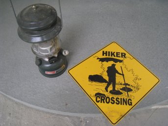 Gone Hiking....Hiking Sign And Coleman Lamp