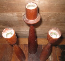 Set Of Three Carved Wood MCM Candlestick Holders