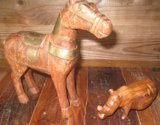Carved Wooden Horse And Wooden Rhino