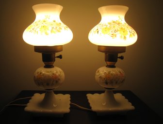 Pair Of Milk Glass Lamps With Floral Print Shades
