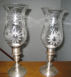 Hurricane Base Silver Candlestick Holders And Vintage Glass Shades