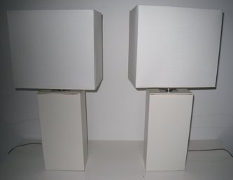 Pair Of White Leather Covered Rectangle Lights