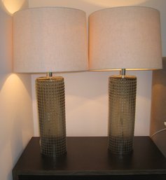 Pair Of Wire Over Smoked Glass Lamps