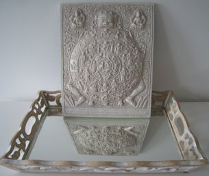 White Carved Tray With Mirror And Tibetian Wheel Of Life Plaque