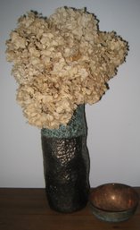 Abstract Flower Vase With Hues Of Copper And Teal And Copper Bowl