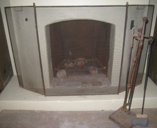 Antique Metal Fire Screen And Tools