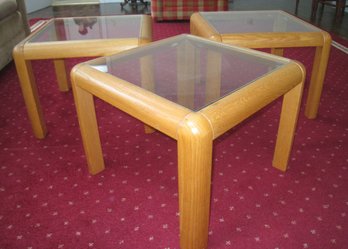 Trio Of Oak And Glass End Tables
