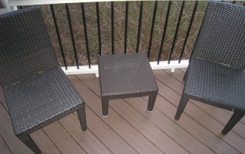 Set Of Two Woven Plastic Wicker Chairs With Little Side Table