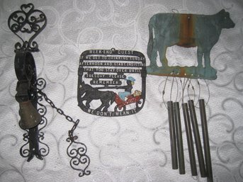 Vintage Wrought Iron Chimes, Bells And Plaque