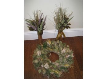 Spring Wreath And Two Dried Stalk Arrangements