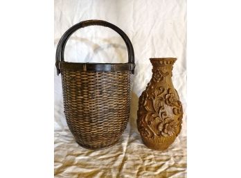Unique Carved Looking Vase & Tall Woven Basket