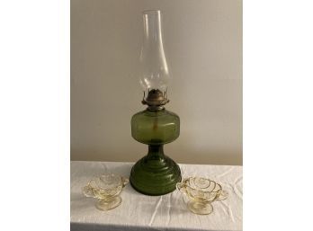 Vintage Glass Hurricane Lamp & Yellow Depression Glass