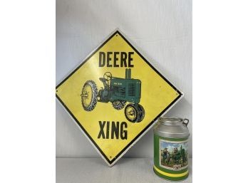 John Deere Tractor Metal Sign With Collectible Can
